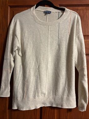 Democracy Cream Crewneck Sweater with Pink and Green Stitch Accents